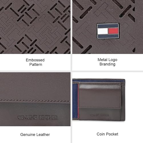 Tommy Hilfiger Men's Leather Wallet Strovolos | Laser-Detailed Brown Bi-Fold with Global Coin Pocket | Stylish Purse for Gents