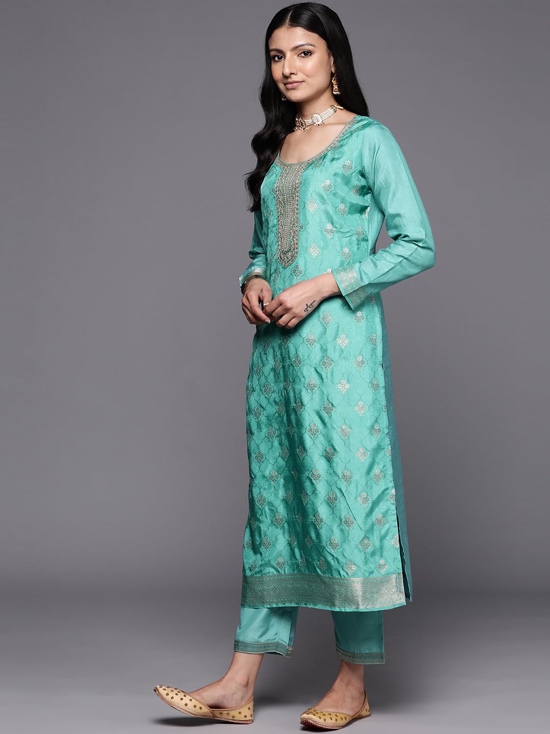 Libas Womens Self Design Silk Blend Pakistani Kurta With Trousers and Dupatta