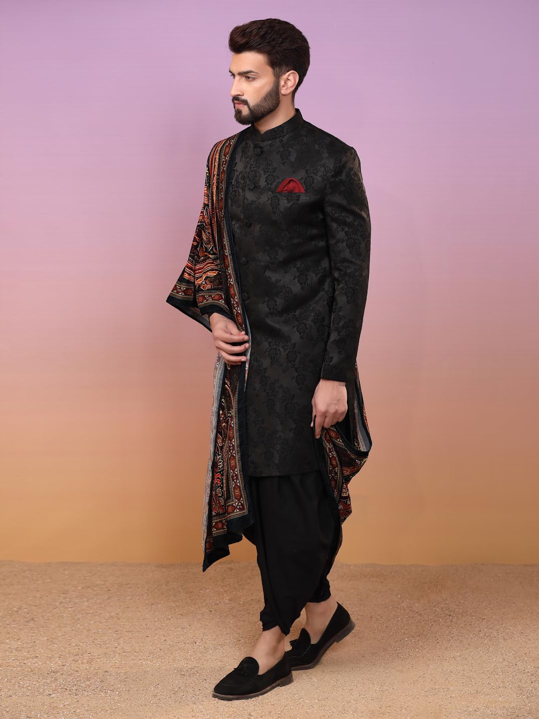 KISAH Indowestern Men's Casual Style Ethnic Wear Silk Blend Woven Design Regular Fit Black Indo-Western Sherwani Set Indo-Western