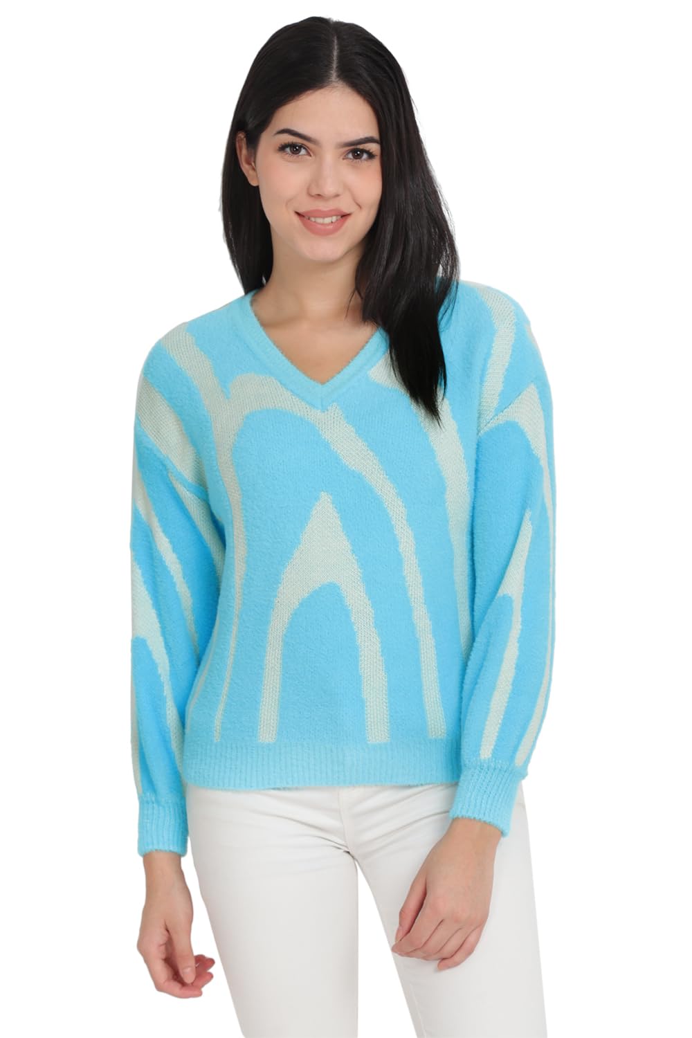 Allen Solly Women's Acrylic_Blend V-Neck Sweater (AHSWCRGHL03857_Blue