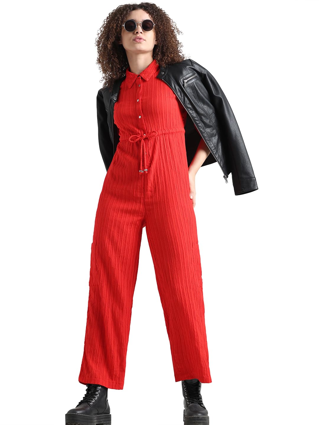 ONLY Women Solid Cotton Red Jumpsuit