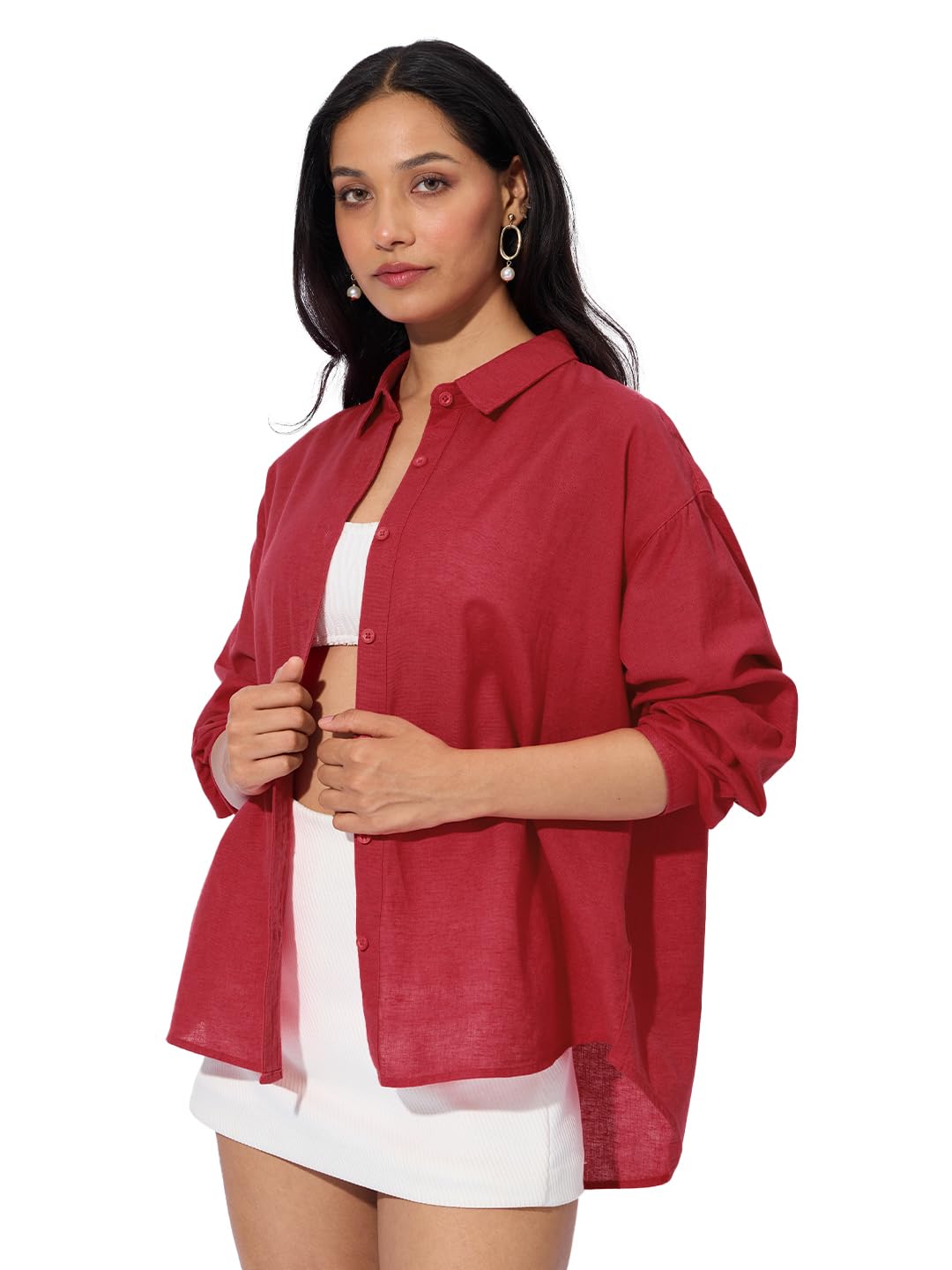 The Souled Store Cotton Linen: Red Women and Girls Long Sleeves Collared Neck Button Front Solid Cotton Linen Boyfriend Shirts