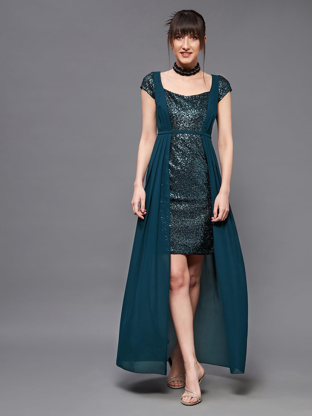 Miss Chase Women's Square Neck Short Sleeve Embellished Layered Maxi Dress (MCSS22D13-70-83-04, Teal, M)