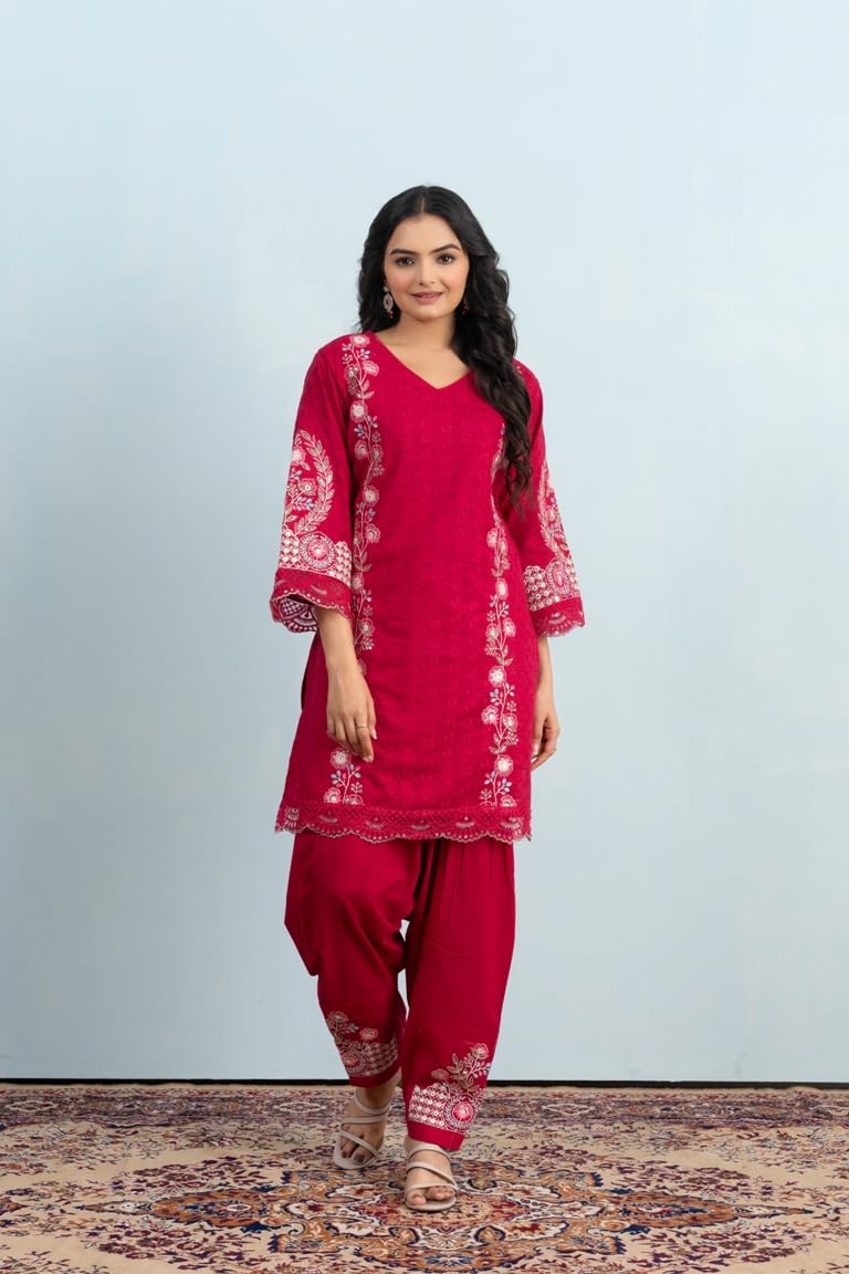 VARAMYA Red Embroidered Patiala Punjabi Suit for Women with Stunning Traditional Design Comfortable Fabric Includes Stylish Kurta Patiala Salwar and Matching Dupatta Perfect for Festival_M