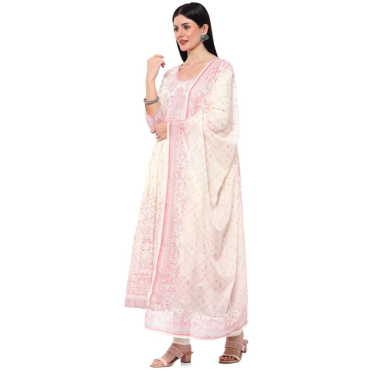 BIBA Cotton Women Printed Anarkali Salwar Kurta Dupatta(Skdshwet Sa8635_Off White_42)