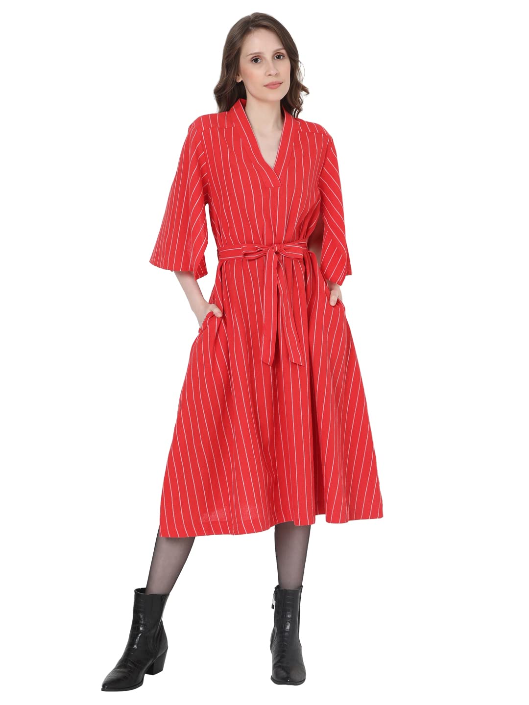 Vero Moda Women's Cotton Blend A-Line Calf Length Dress (10274812-Fiery  Red_Fiery L)