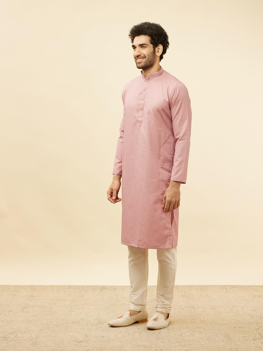 Manyavar Men's Pink Blended Cotton Printed Kurta Pyjama Set (XL)