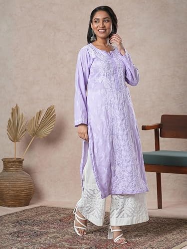Ada Hand Embroidered Lucknowi Chikankari Cotton Straight Kurta Kurti for Women A411677 Lavender (M)