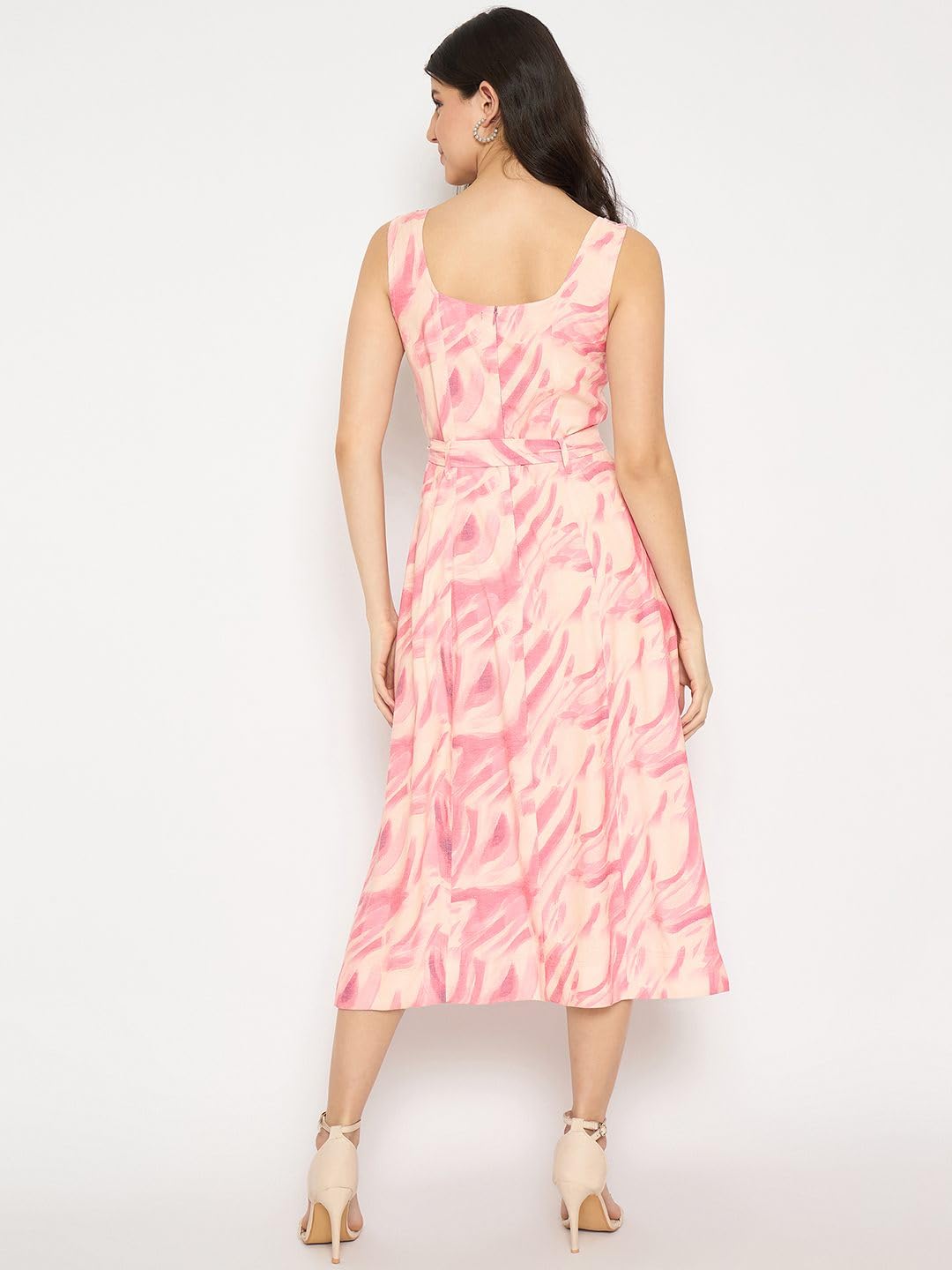Madame Printed Sleeveless Midi Pink Dress for Women
