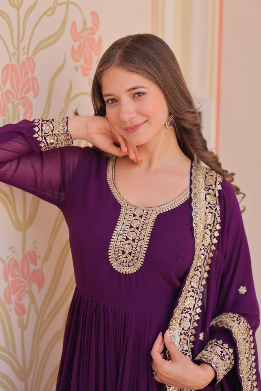 Mehervaa by vinni Purple Anarkali Suit with Gold Embroidery, Long Sleeve Ethnic Dress, Dupatta Included, Traditional Indian Wear (IN, Alpha, L, Regular)
