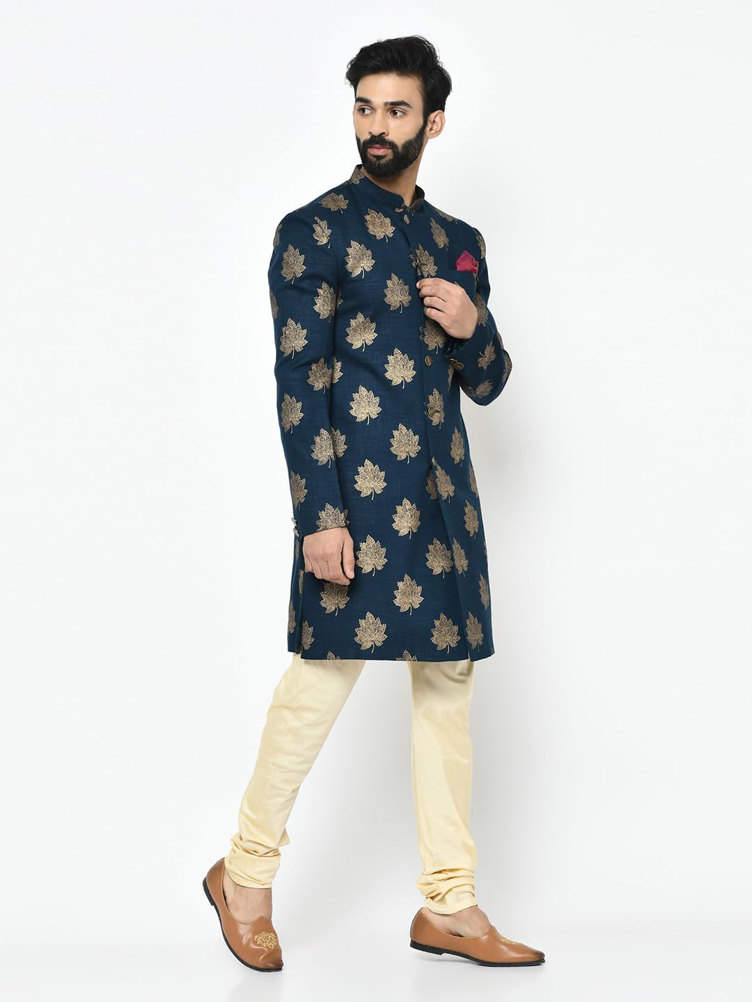 KISAH Men's Indo-Western Sherwani Churidar Set, Blue Cotton Blend, Foil Print Regular Fit Mandarin Collar Long Sleeves (42)