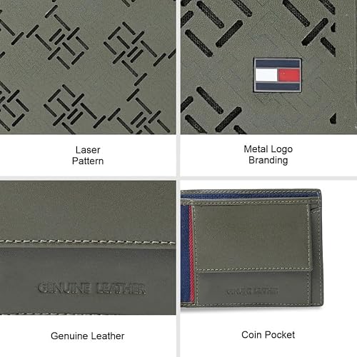 Tommy Hilfiger Men's Leather Wallet Strovolos | Laser-Detailed Olive Bi-Fold with Global Coin Pocket | Stylish Purse for Gents