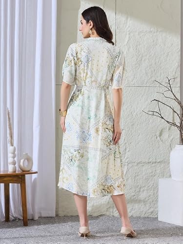 Latin Quarters Women's White Printed Half Sleeves V-Neck Casual A-Line Dress_S