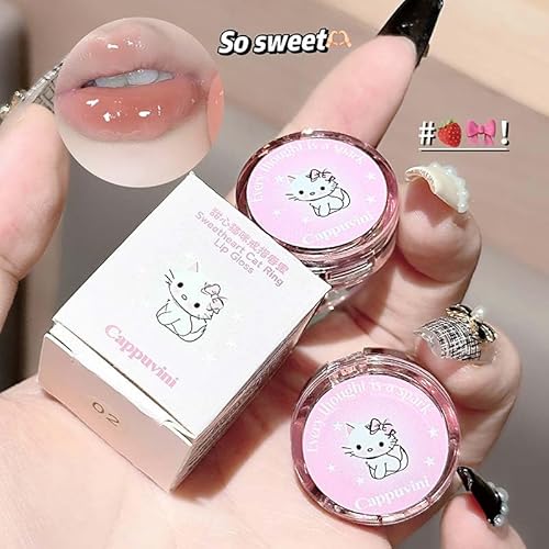 Cappuvini Sweetheart Cat Ring Lip Gloss | Non-Transfer Smudge Proof Lip Stain | Coffee Peach Nude Berry Queen Lipstick Colors | Cute Wearable Ring Design | Jelly Texture Glass Lip Effect | Buildable Coverage Full Pigment Glossy Finish | Light Texture for