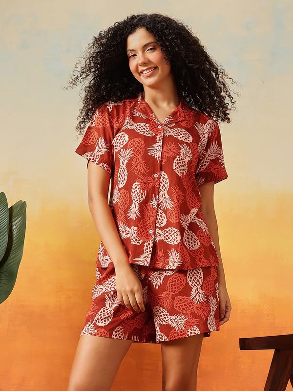 Clovia Women's Rayon Co-ord Nightwear Set – Printed Button-Down Shirt & Shorts | Lounge & Sleep Set (LS0141G06_Brown_XL)