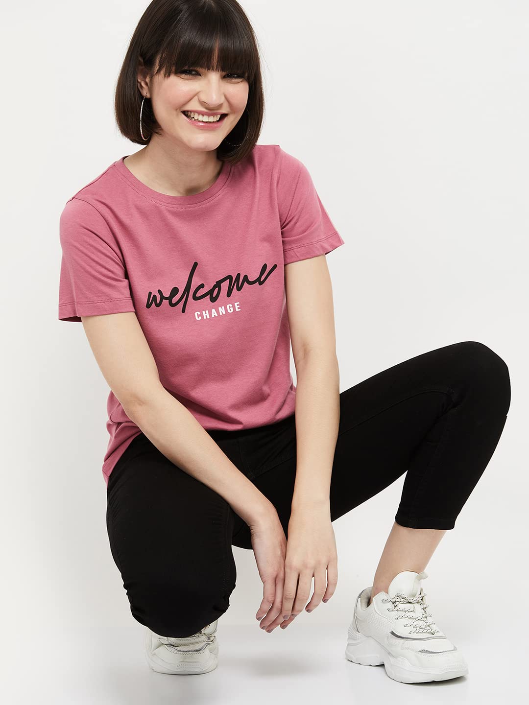 Max Women Cotton Printed Regular Fit Round Neck T-Shirt (Pa22Ycpepp06Blush)_L