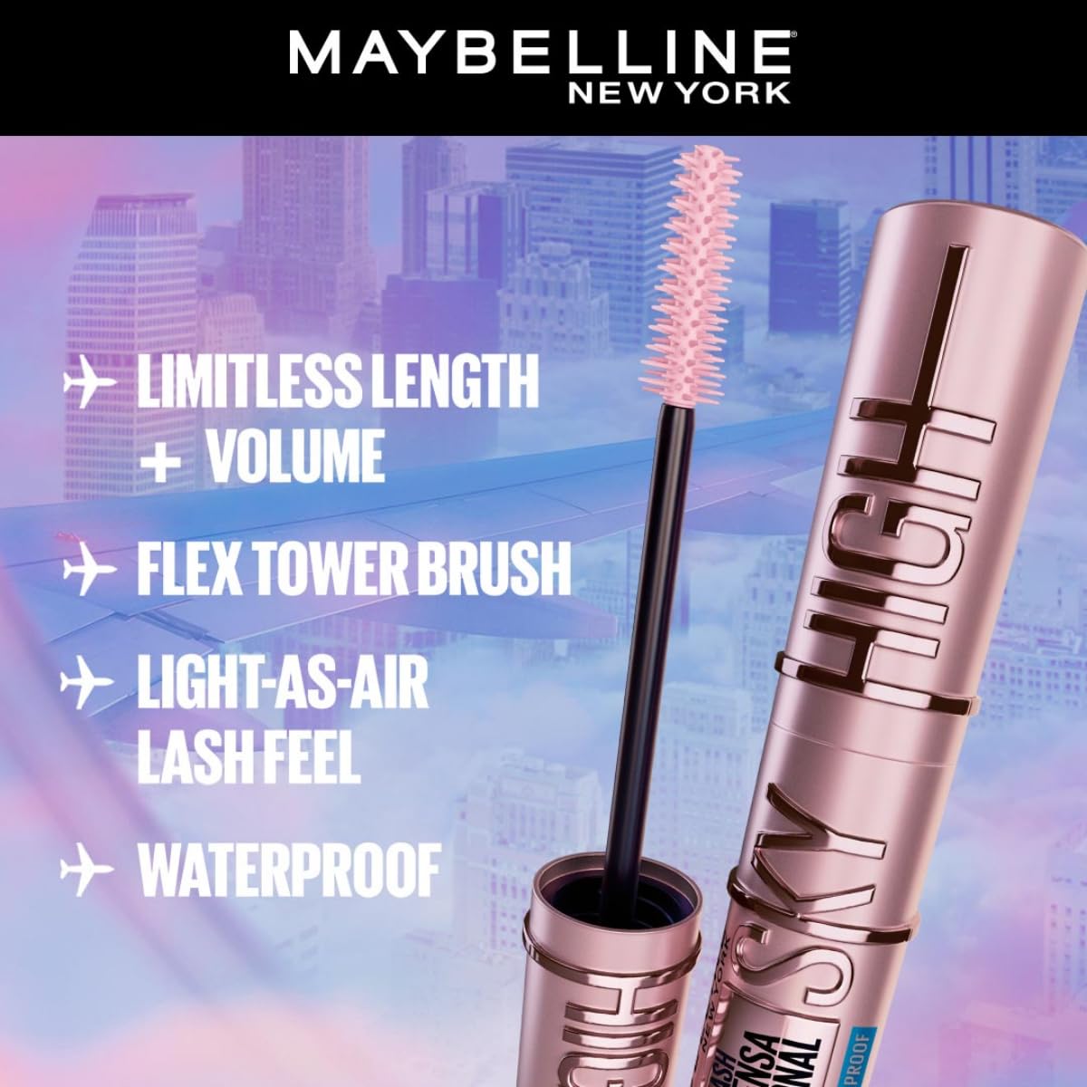 Maybelline New York Lash Sensational Sky High Mascara, Very Black, Lengthening and Volumizing Mascara With Bamboo Extract & Fibres, Ophthalmologist tested and Waterproof | 6ml