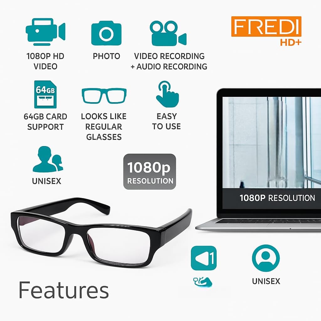 FREDI HD PLUS Smart Eyewear Camera with 1080p Video & Photo | Supports 64GB TF Card | USB Rechargeable Glasses Camera | Stylish Wearable for Office, Classroom, Outdoor & Travel Use
