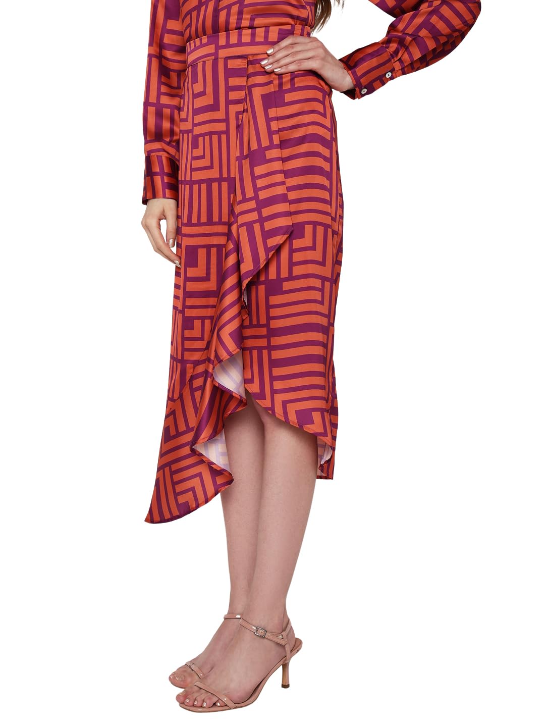 VERO MODA Women Printed Polyester Flared Midi Orange Skirt