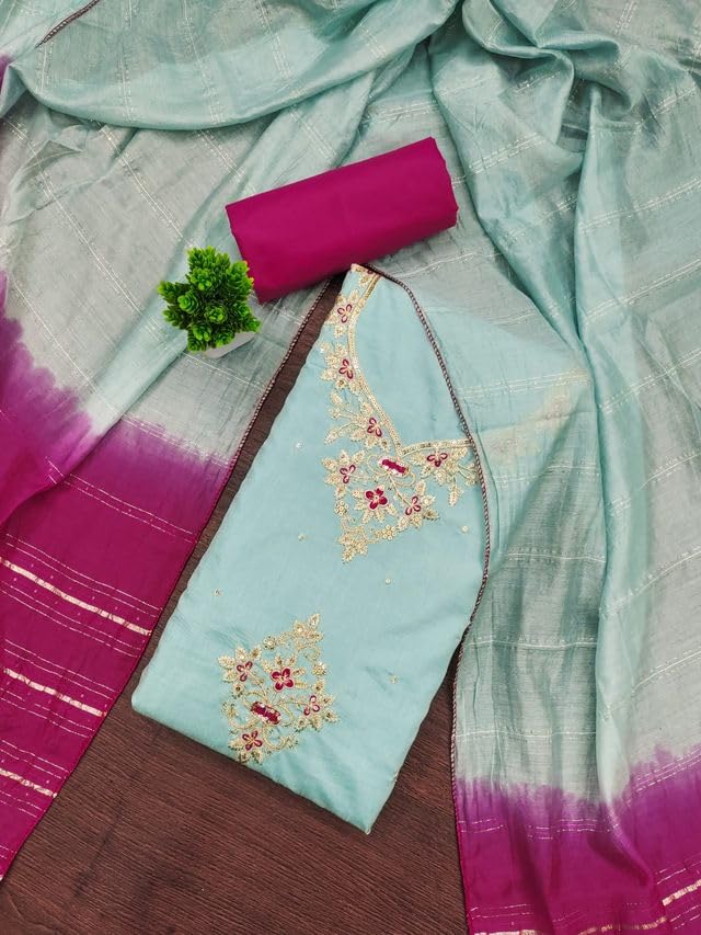 VARNI FABRICS Coco Silk Dress Material for Women Embroidered Unstitched Woman Salwar Suit Dress Material With Jari Dupatta Mint Green