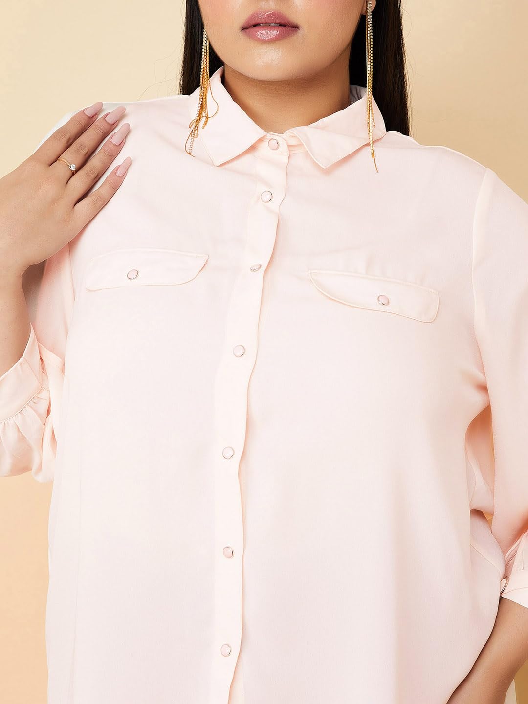 Max Women Plus Size Solid Shirt with Cuff Buckle Detail (SFT3101P_Blush)