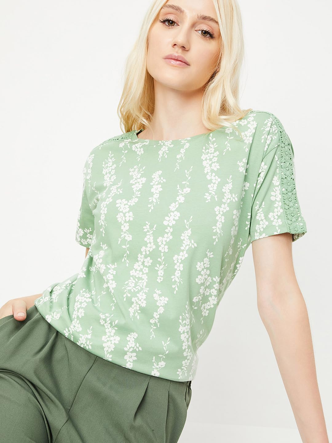 Max Women's Cotton Floral Printed Regular Fit T-Shirt (ATLAS1BSAGE)_XL,Green