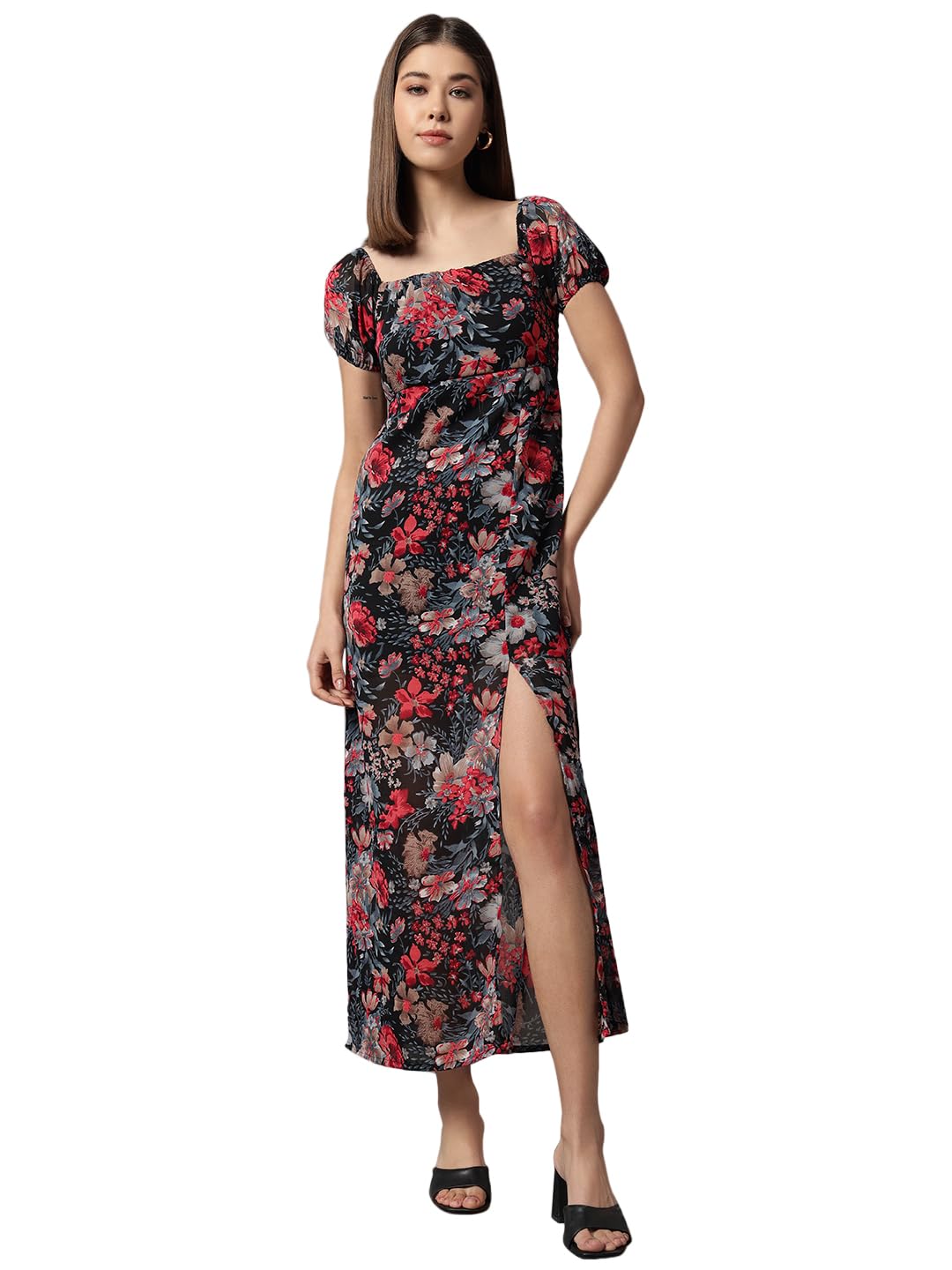 Trend Arrest.ed Floral Printed Maxi Dress for Women with Lining | Square Neck Puff Sleeve Slit Style | Casual Western Long Dress for Day