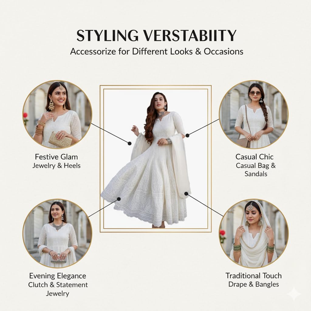 KURTARI Elegant White Embroidered Anarkali Gown with Dupatta | Size - XXL | Full-Length Flared Ethnic Chickankari Dress for Wedding & Party | Premium Georgette with Intricate Lace Work