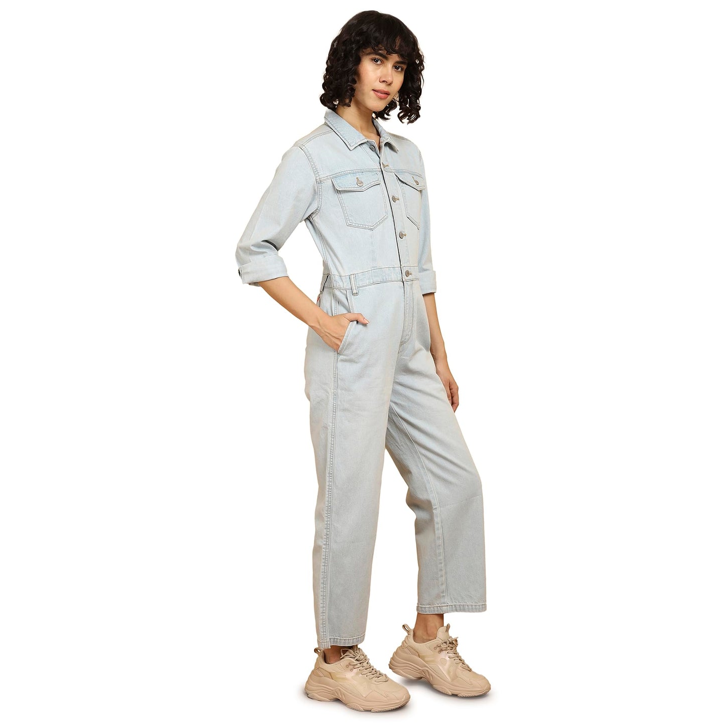 Wrangler Women's Solid Blue Classic Regular Fit Jumpsuit