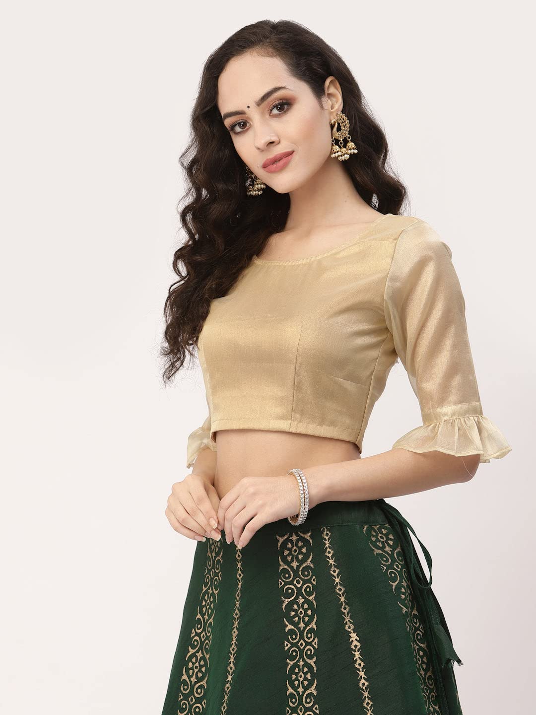 studio rasa Women's Silk Tissue Sheer Sleeves Readymade Saree Blouse for Wedding Festive Party (TPWC42267BL_L_Gold_Large)