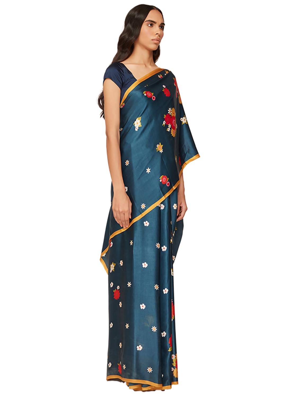 SATYAPAUL Women's Printed Satin Georgette Saree With Blouse Piece (8907544986277_Dark Blue)