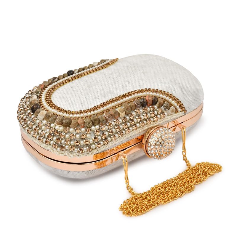 For The Beautiful You Elegant Beaded Clutch Purse for Women – Emroidered Bag with Gold Chain, Rhinestone Clasp and Stone Detailing (Cap Pebble White)
