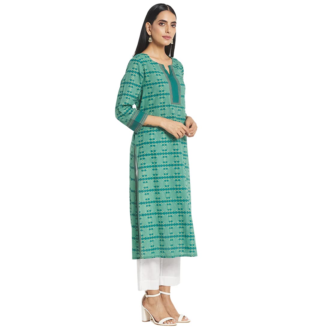 Fabindia Women Cotton Printed Long Kurta Green_L