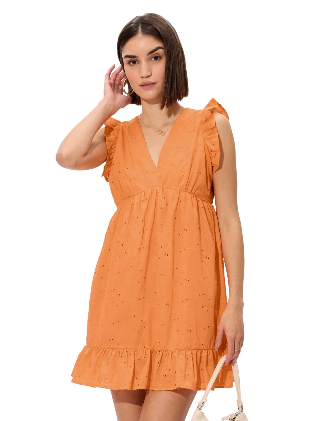 The Souled Store Cutwork Dress: Orange Women and Girls Long Sleeves V Neck Oversized  Dresses