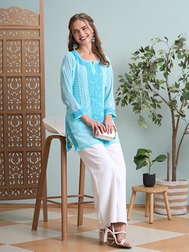 Ada Hand Embroidered Lucknowi Chikankari Georgette Short Kurti Top Tunic for Women A911519 Blue (L)