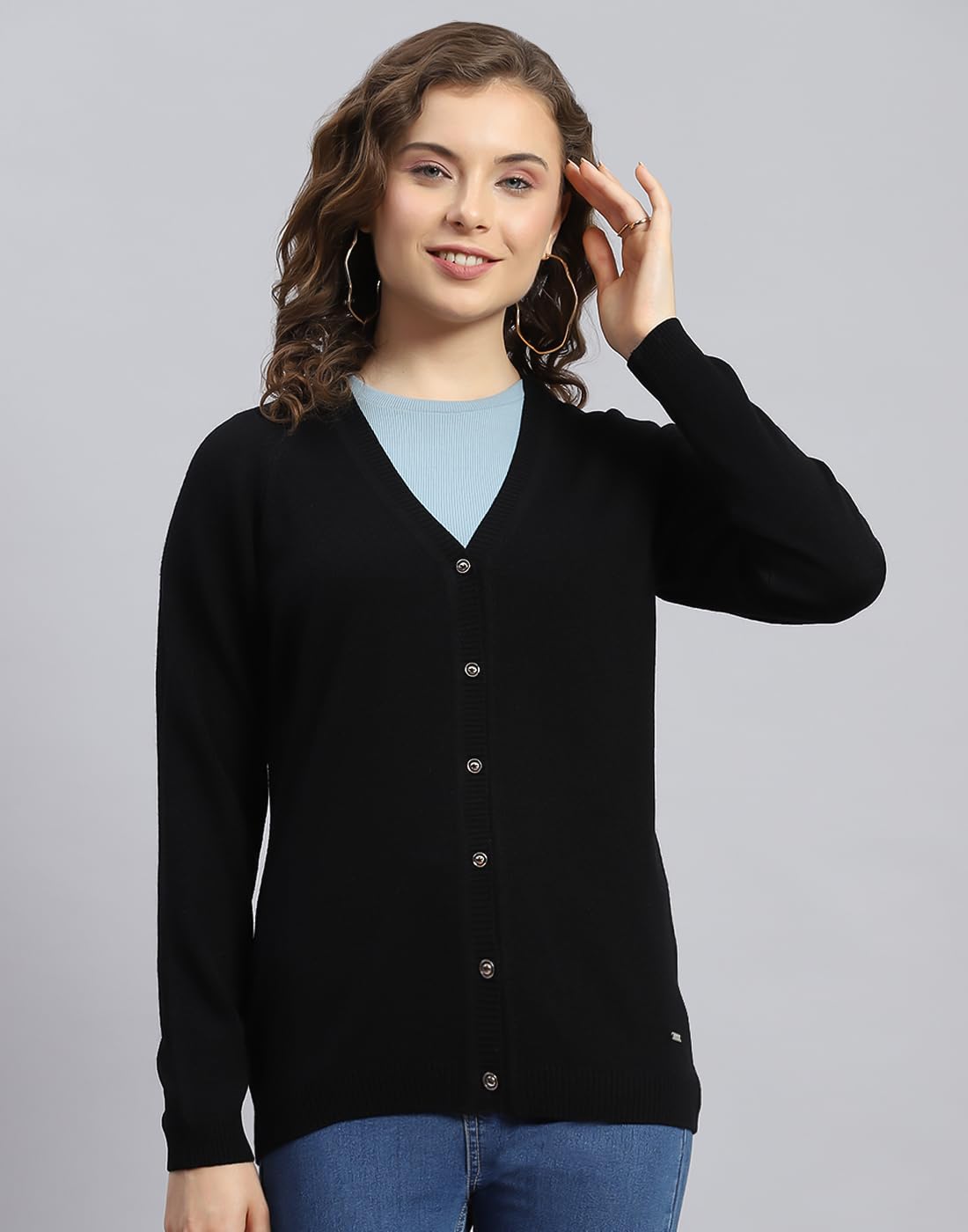 Monte Carlo Womens Brinjal Solid V Neck Full Sleeve Cardigan Sweater (1230527VN-1147-38)