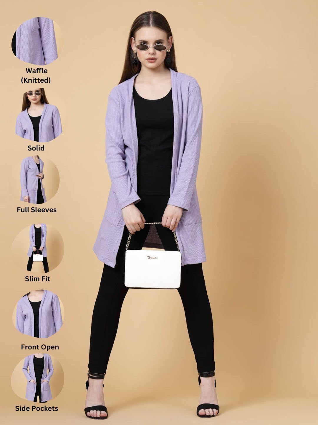 Rigo Cotton Front Open Shrug for Women | Stylish, Slim Fit, Long | Casual Wear, Solid Full Sleeves With Pockets (Light Purple, Free Size)