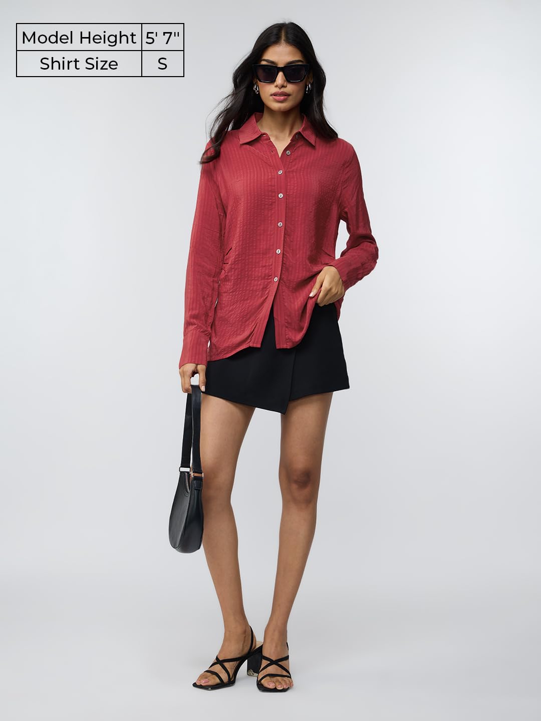 The Souled Store Side Rouching Shirt: Red Women and Girls Long Sleeves Collared Neck Button Front Slim Fit Viscose Shirts