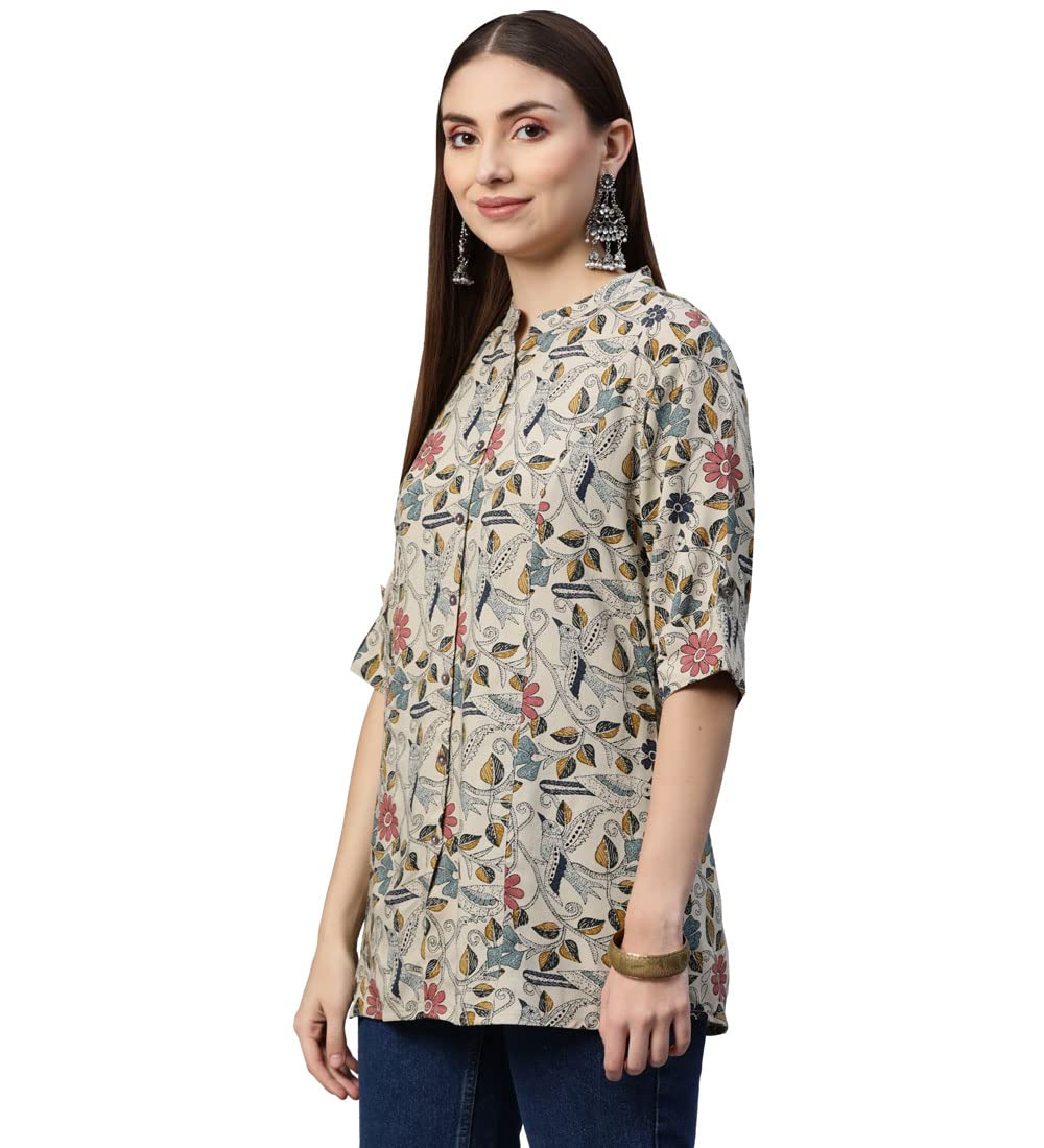 Divena Women Beige Multi Floral Rayon A-Line Regular Fit Shirts Style Top (Dbk0482-Xl)