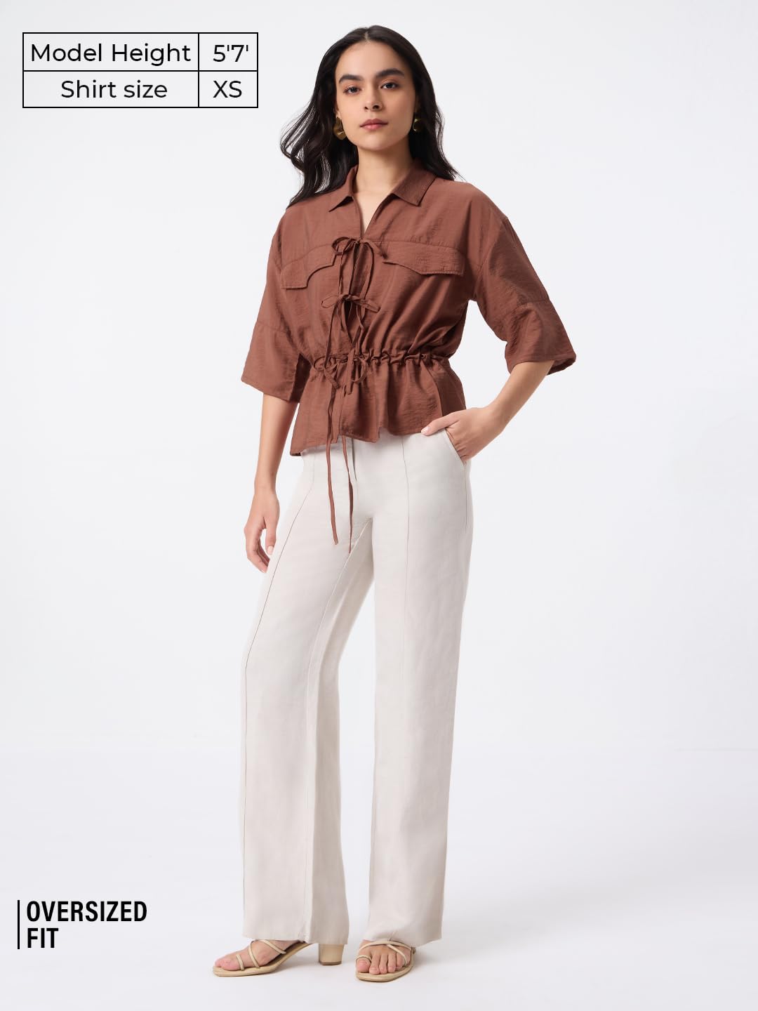 The Souled Store Cocoa Dust: Women and Girls Half Sleeves Spread Collar Brown Solid Viscose Nylon Regular Fit Comfortable All-Season Casual Wear Shirt