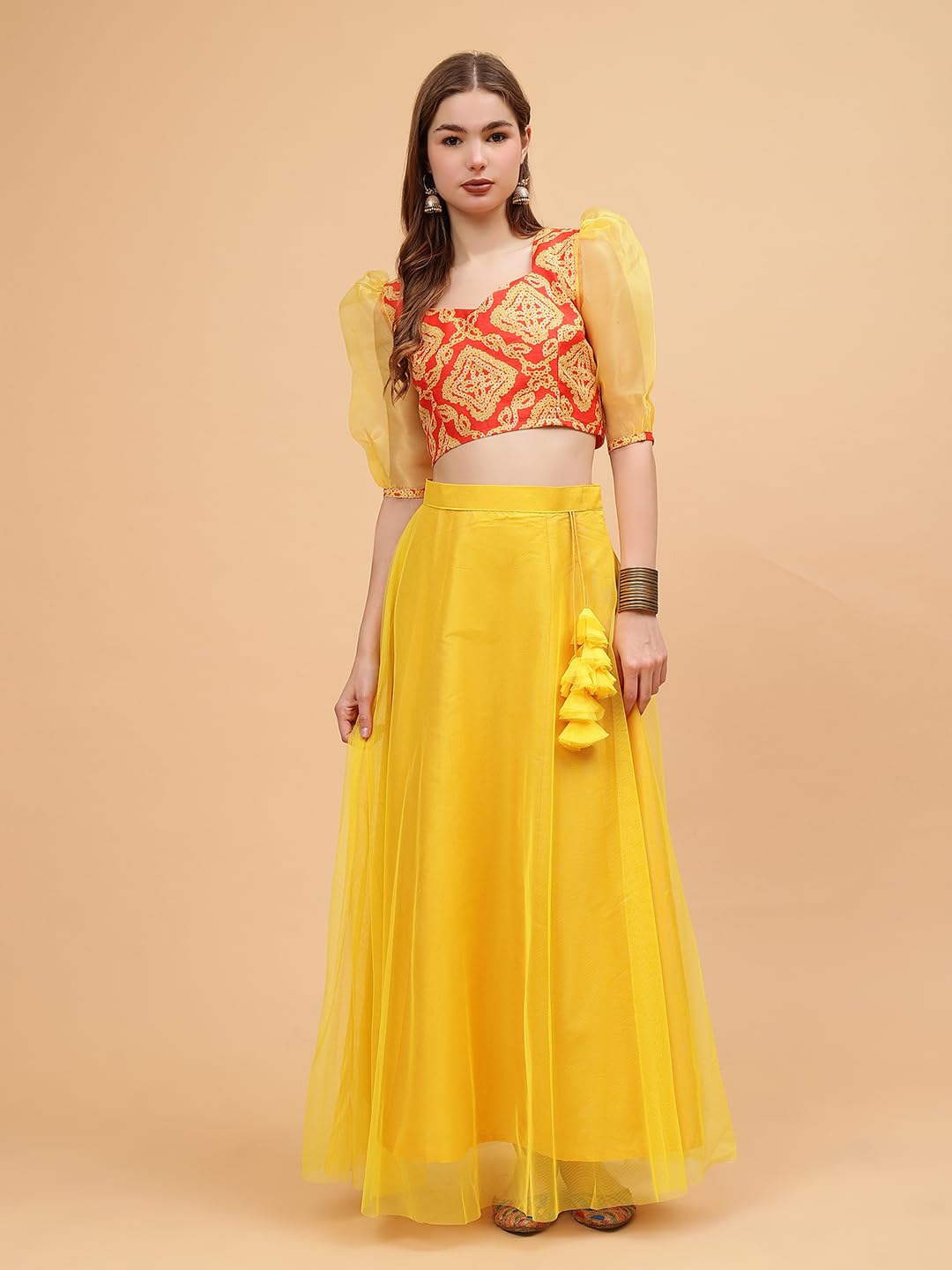 Frolic Rolic Orange & Yellow Bandhej Print Silk Blend 3/4th Organza Sleeves Sweetheart Neck Blouse ((FRBLS-016_Orange, Yellow_M)