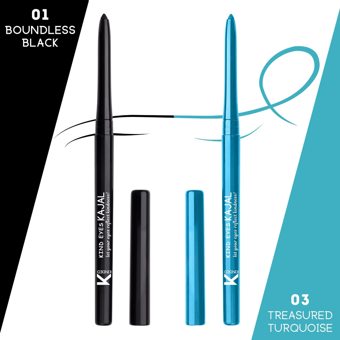 KINDED Kind Eyes Kajal 3 in 1 Kohl Kajal Eye Liner Smokey Eye Shadow Waterproof Smudge Proof 18 Hours Colour One Stroke Auto Kajal Pencil (Combo 0.35 gm each, Boundless Black & Treasured Turquoise)