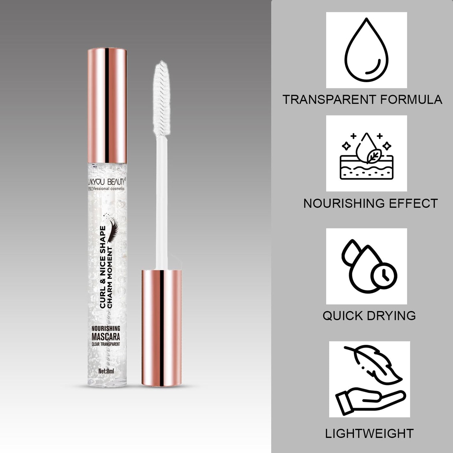 Lakyou Beauty Curl & Nice Shape Charm Moment Transparent Mascara | Smudge Proof | Waterproof | Volumizing, Lengthening, Clear & Long Lasting | Curls Lashes | Set Brows | Highly Pigmented | For All Skin Types | 8ml