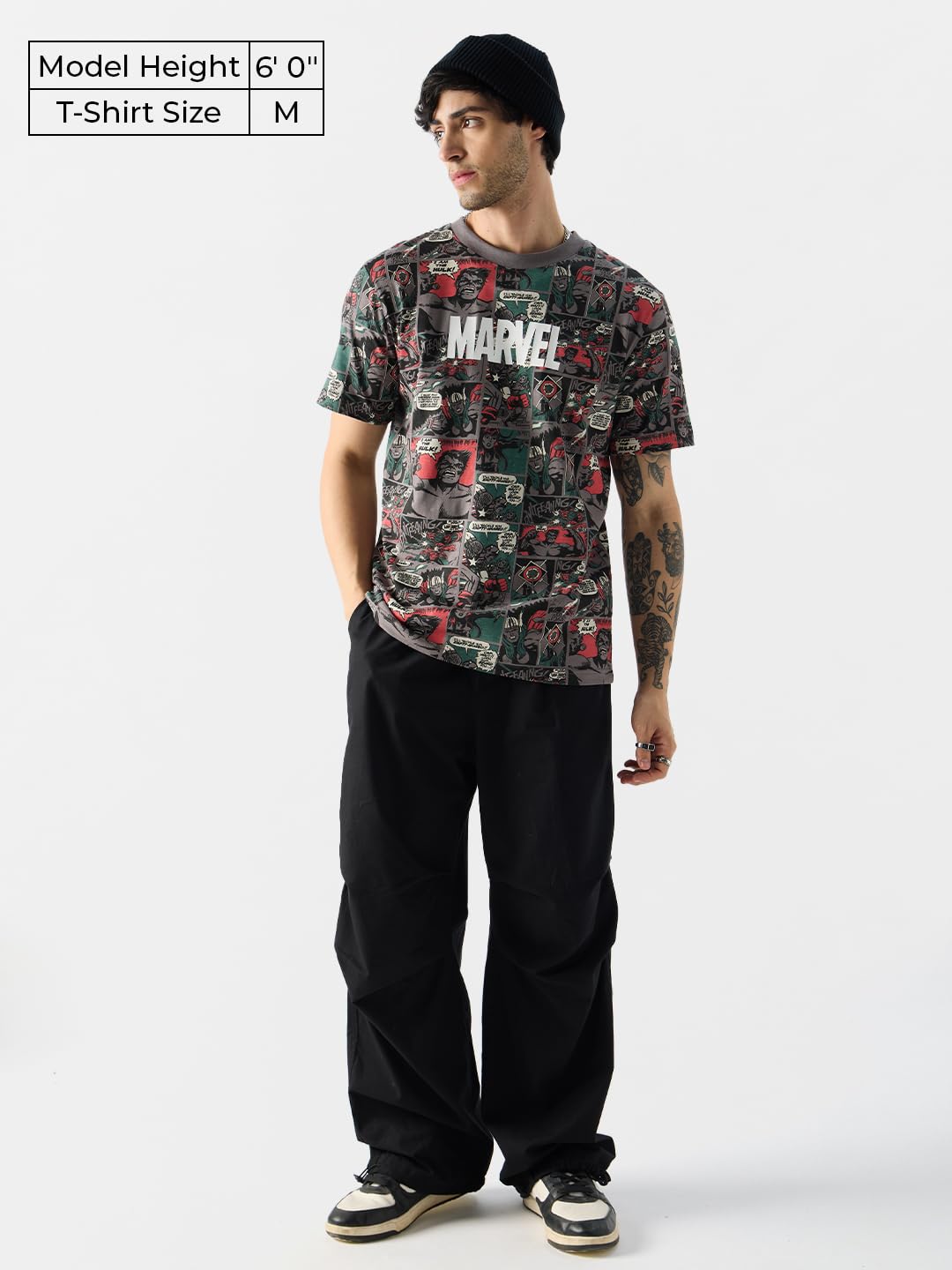 The Souled Store Official Marvel: Comic Nerd Men and Boys Short Sleeves Round Neck Grey All Over Printed Cotton T-Shirts