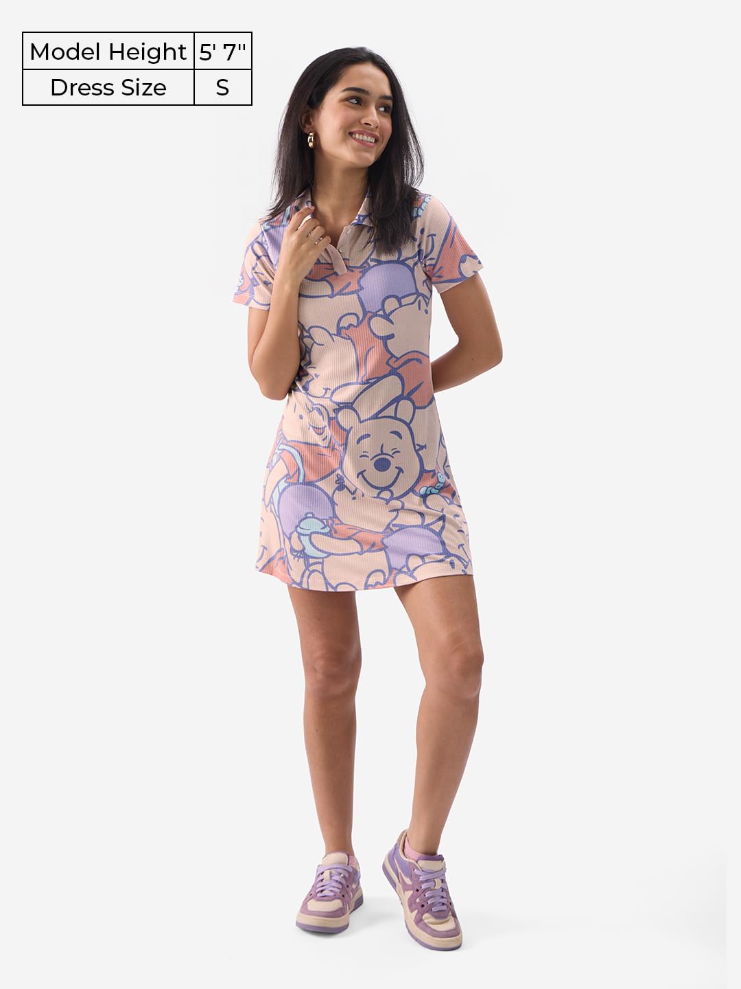 The Souled Store Official Winnie The Pooh: Faces Women and Girls Short Sleeves Collared Neck All Over Printed Polyester Blend Mini Dresses Multicolour