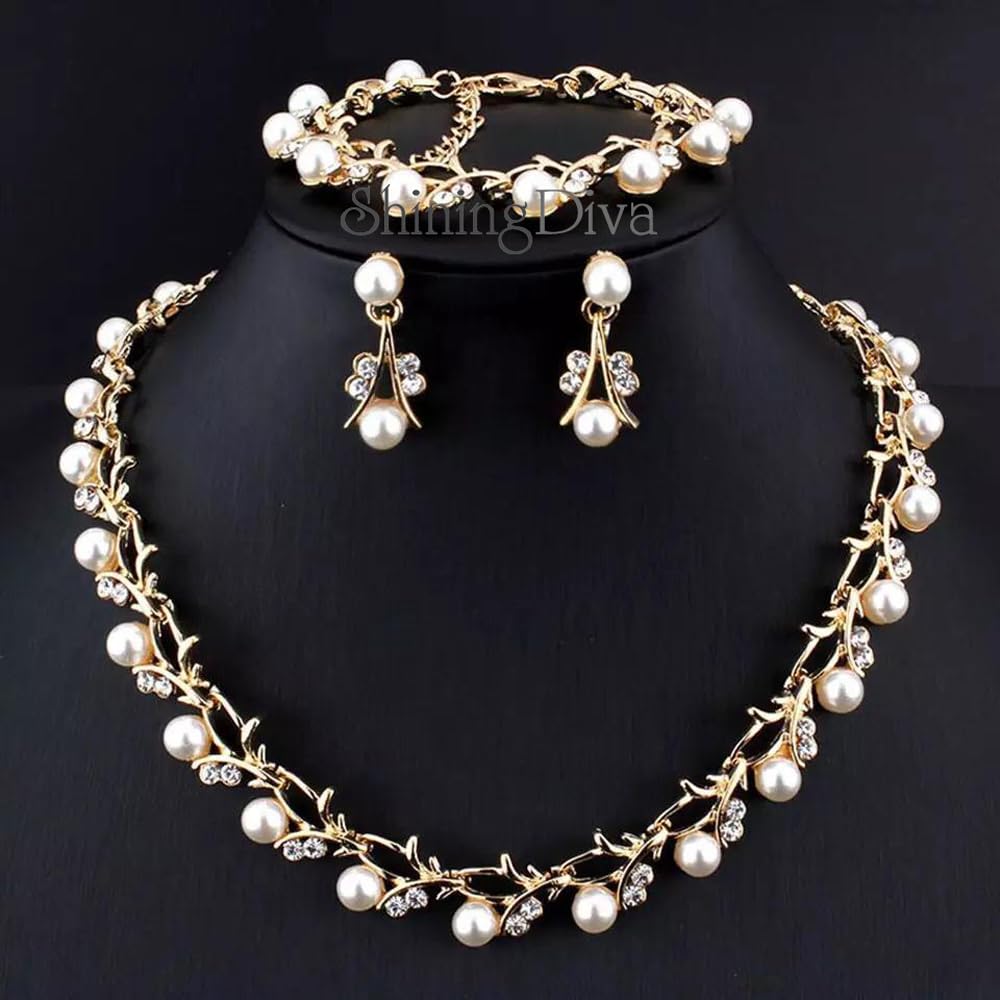 Shining Diva Fashion Latest Stylish Design Fancy Combo Pearl Earrings Bracelet Necklace Jewellery Set for Women and Girls (sd10333s)