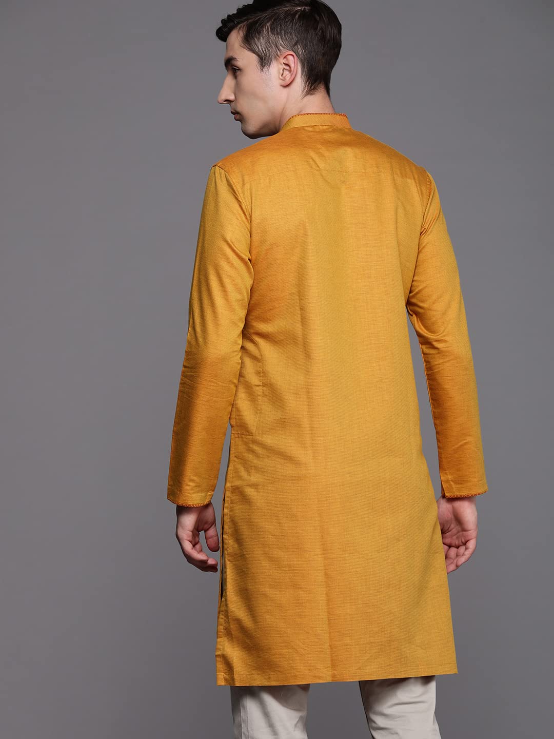 Manyavar Men's Kurta, Full Sleeves Mandarin Collar Ethnic Knee Length Kurta Only, Kurta for Festival, Wedding, Party & Anniversary, Blended Cotton (Mustard, L)