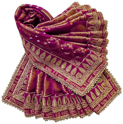 Navti Creations Wedding bridal Dupatta in banarasi silk with sada Saubhagyawati bhaw Embroidery border and 4 side moti lace (Pink (Rani))