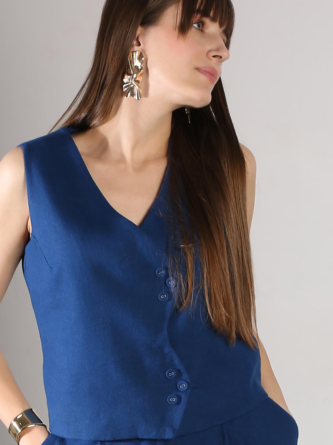 VERO MODA Women's Linen Regular Fit Blue Top