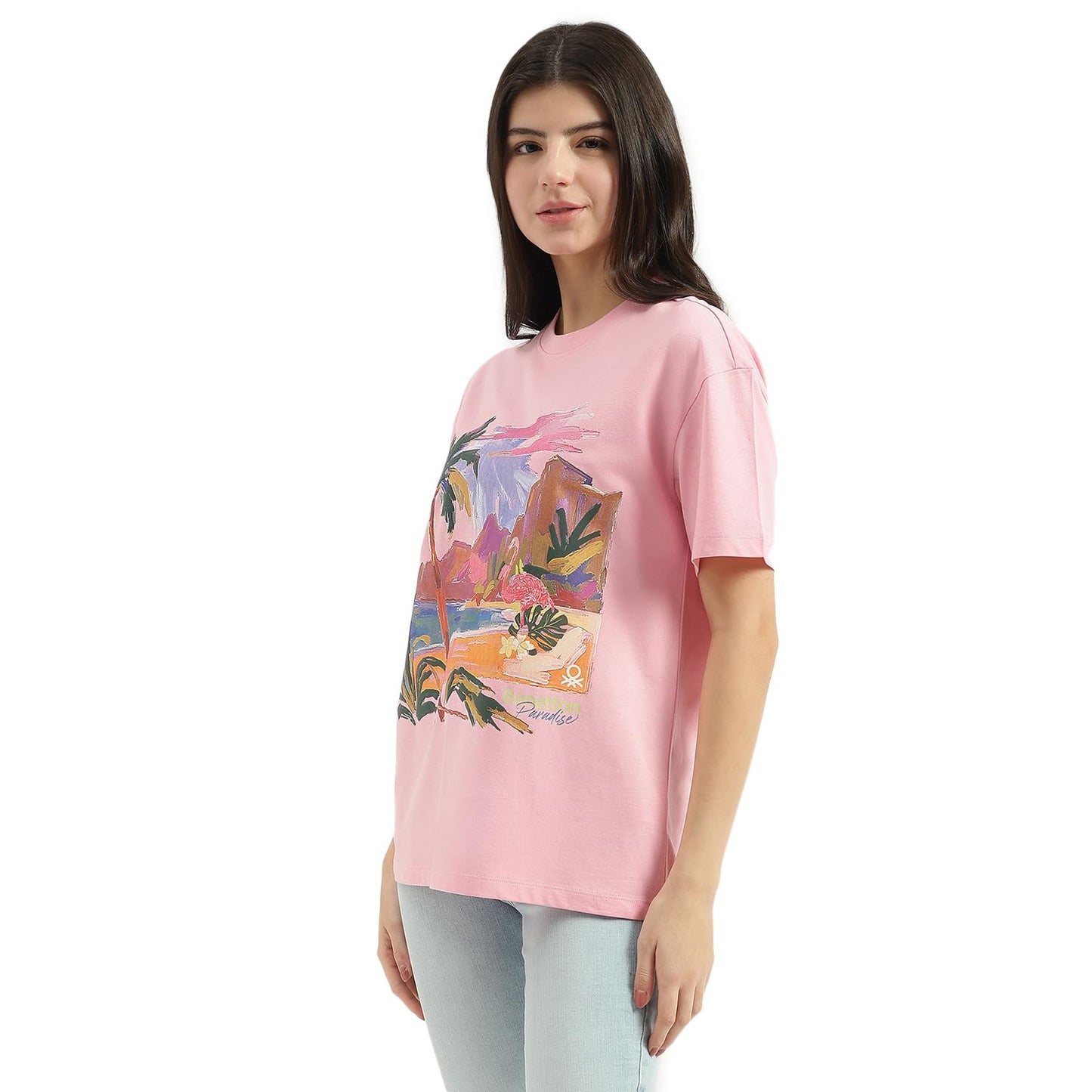 United Colors of Benetton Round Neck Tropical T-Shirt (Size: L)-25P3099W3277I29Y Pink